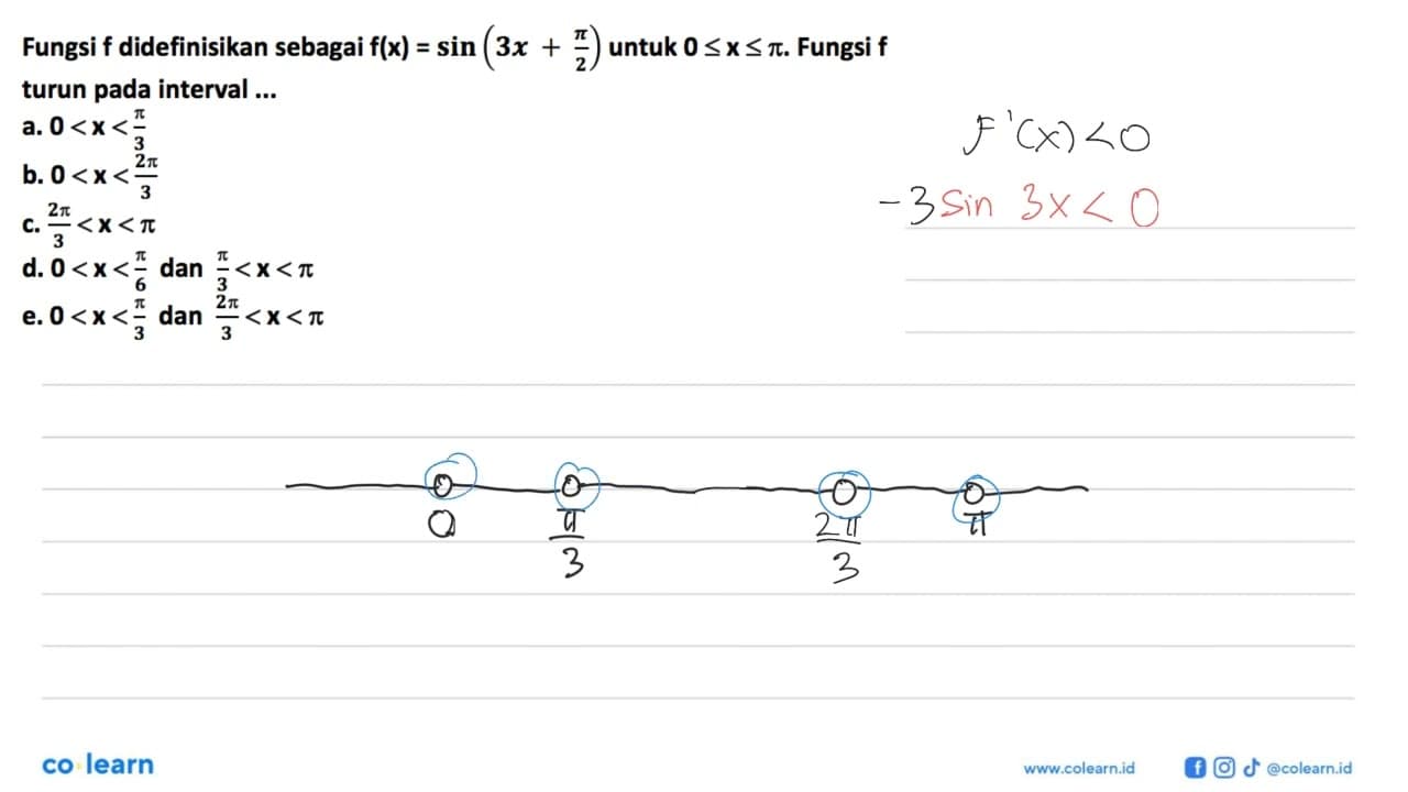 Fungsi f didefinisikan sebagai f(x)=sin (3x+pi/2) untuk