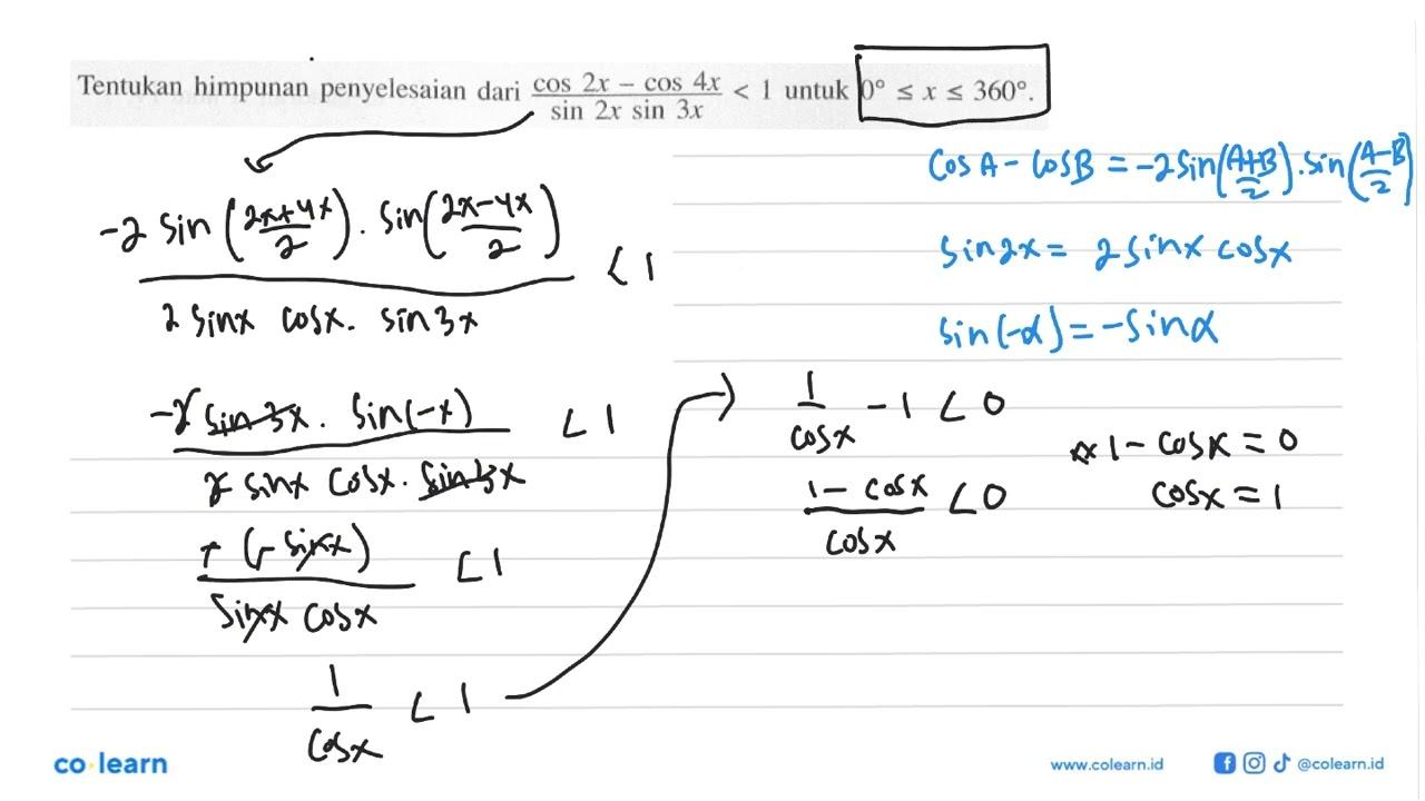 Tentukan himpunan penyelesaian dari (cos 2x-cos 4x)/(sin