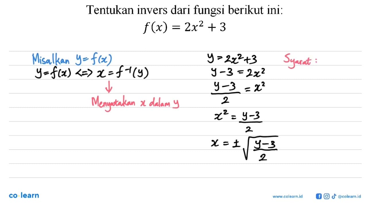 Tentukan invers dari fungsi berikut ini:f(x)=2x^2+3