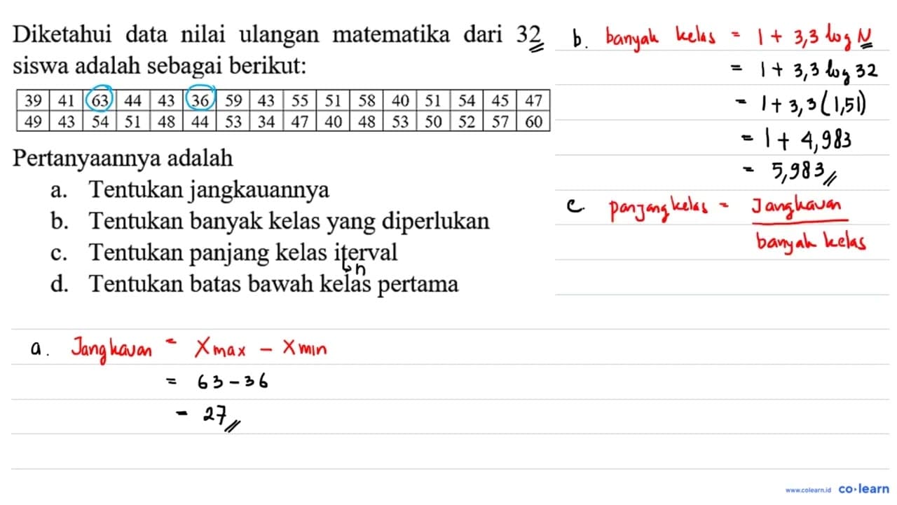 Diketahui data nilai ulangan matematika dari 32 siswa