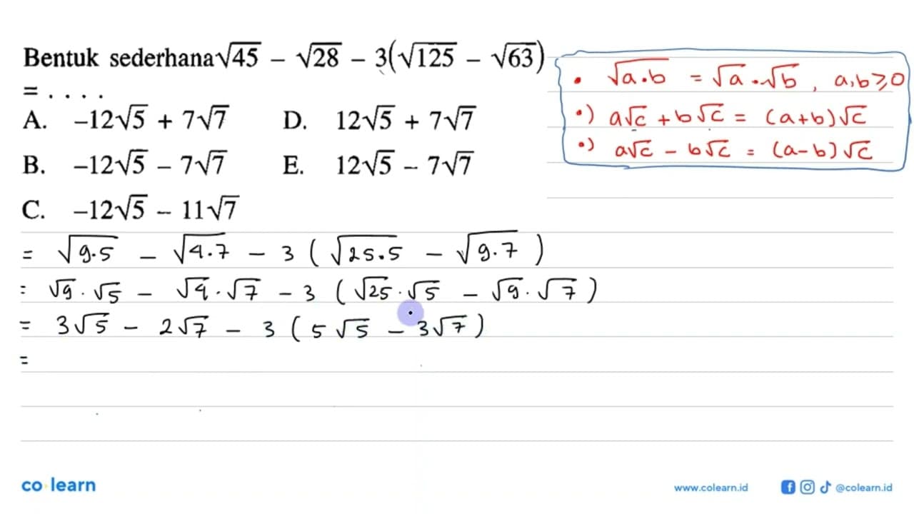 Bentuk sederhana akar(45) - akar(28) - 3(akar(125) -