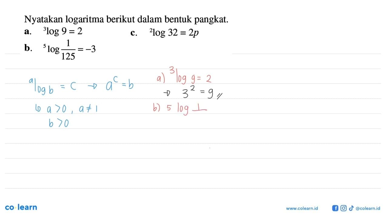 Nyatakan logaritma berikut dalam bentuk pangkat: a.3log 9 =