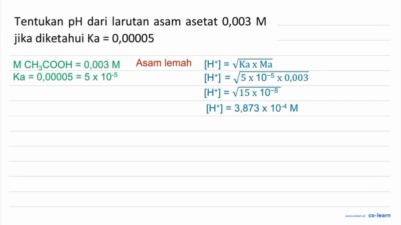 Tentukan pH dari larutan asam asetat 0,003 M jika diketahui