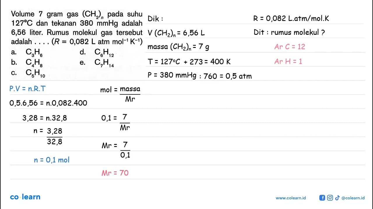 Volume 7 gram gas (CH2)n pada suhu 127 C dan tekanan 380