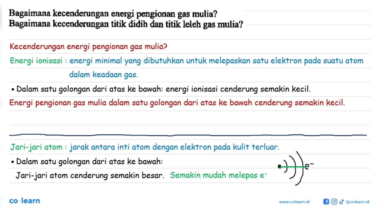 Bagaimana kecenderungan energi pengionan gas mulia?