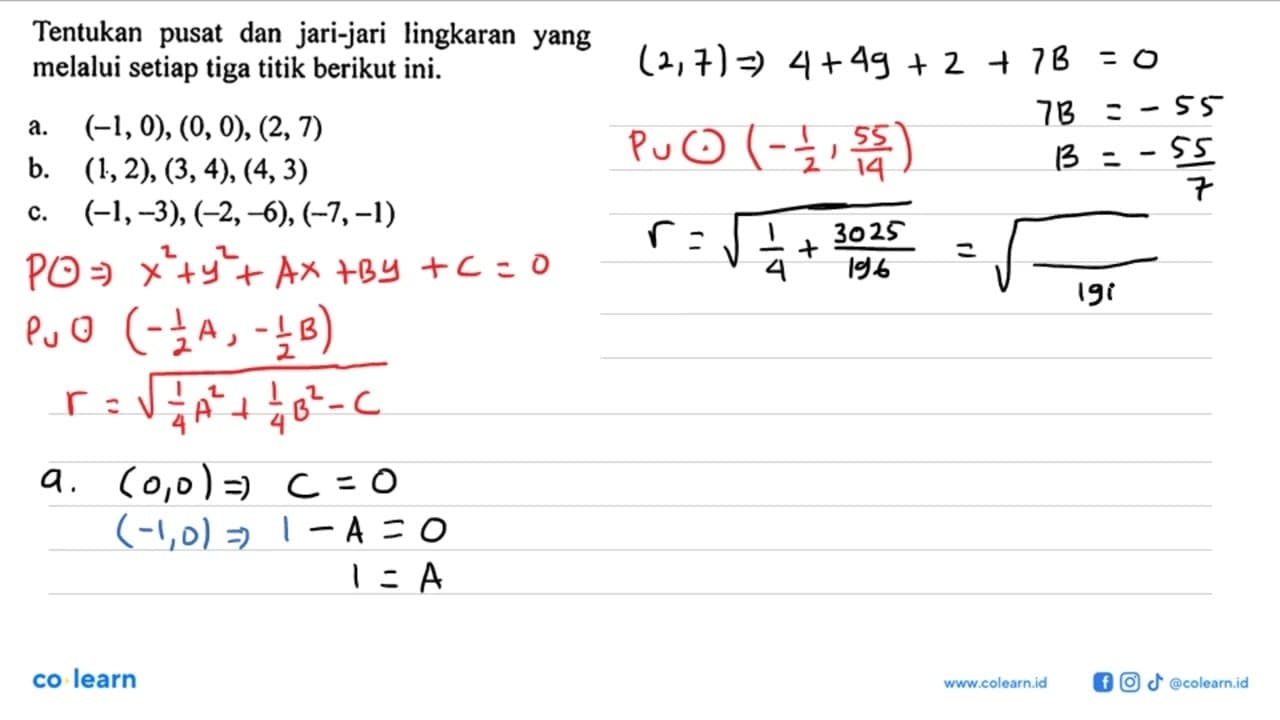 Tentukan pusat dan jari-jari lingkaran yang melalui setiap