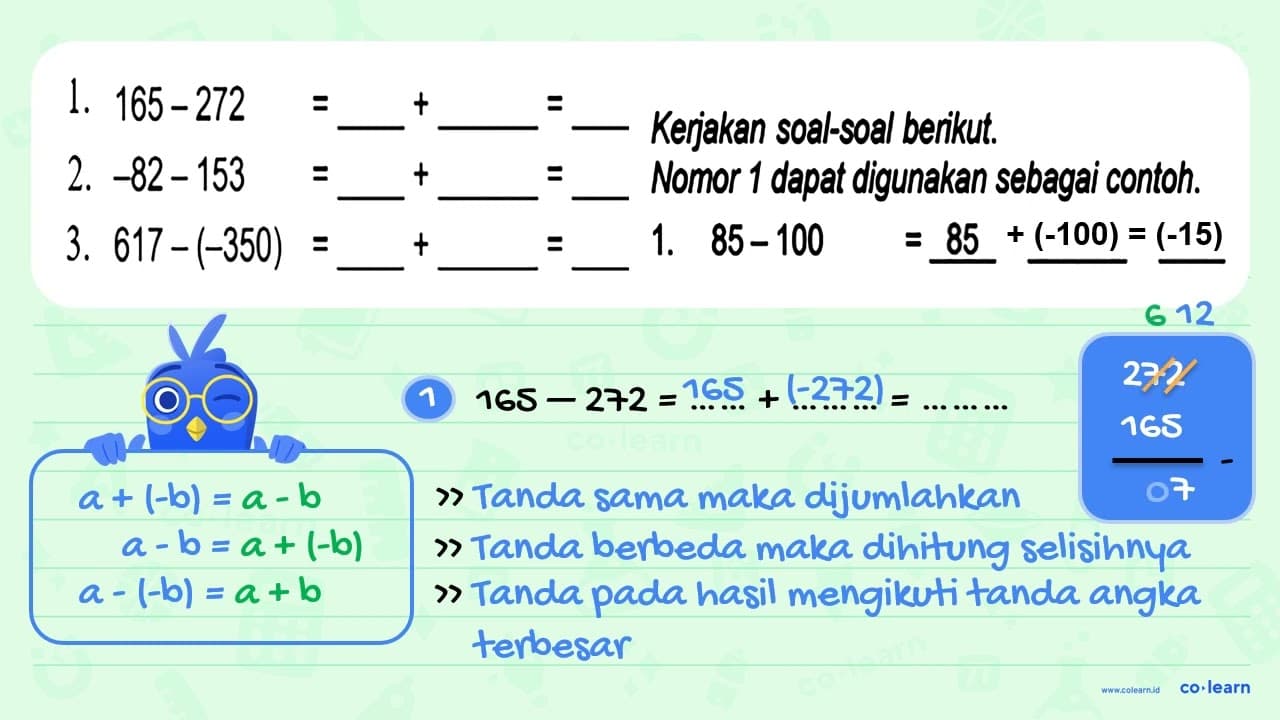 1. 165-272= ____ + ____ =____ 2. -82-153=____+____ = ____