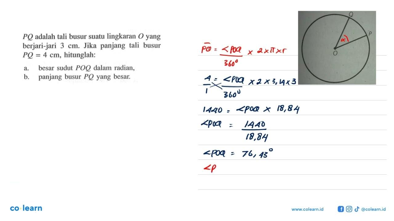 PQ adalah tâs busur suatu lingkaran O yang berjari-jari 3