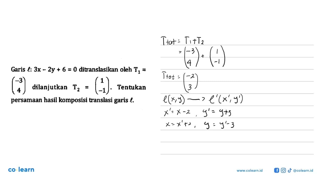 Garis l: 3x-2y+6=0 ditranslasikan oleh T1 = (-3 4)