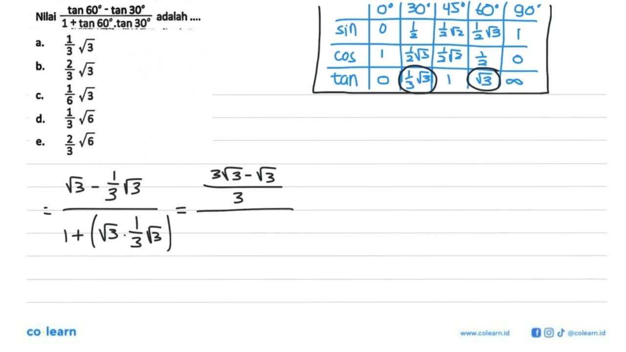 Nilai (tan 60-tan 30)/(1+tan 60.tan 30) adalah ....