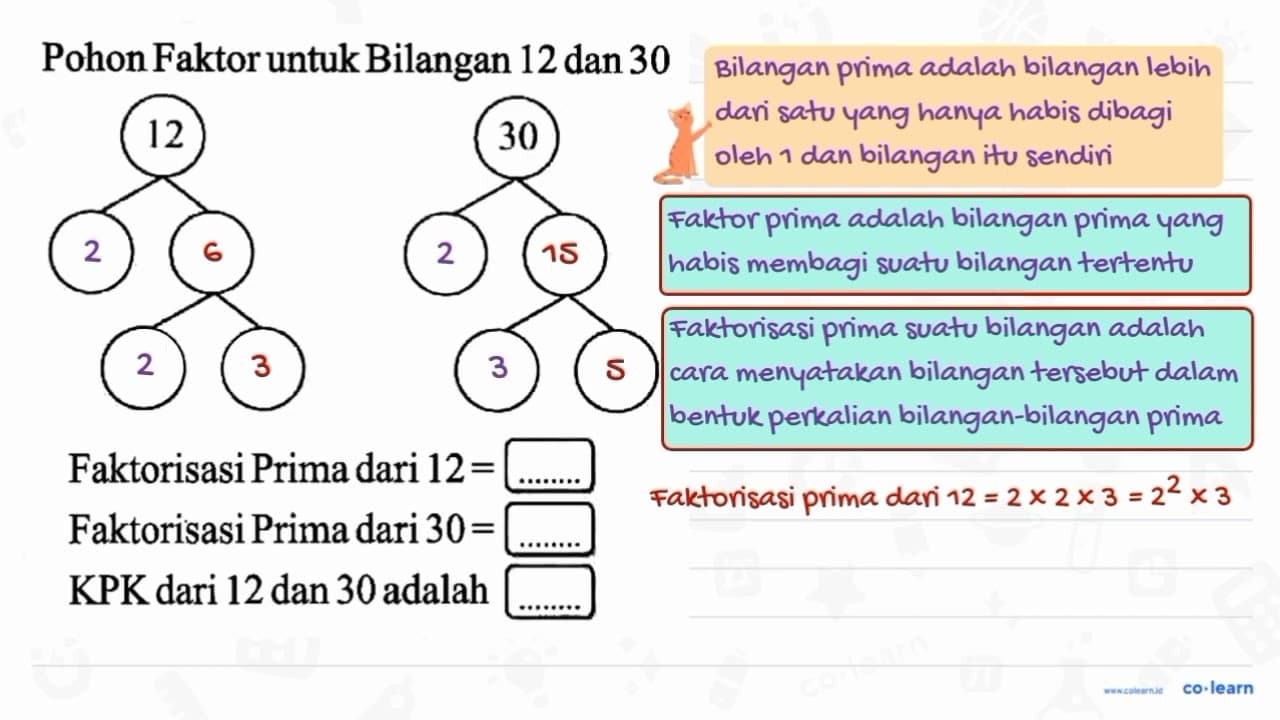 Pohon Faktor untuk Bilangan 12 dan 30 Faktorisasi Prima