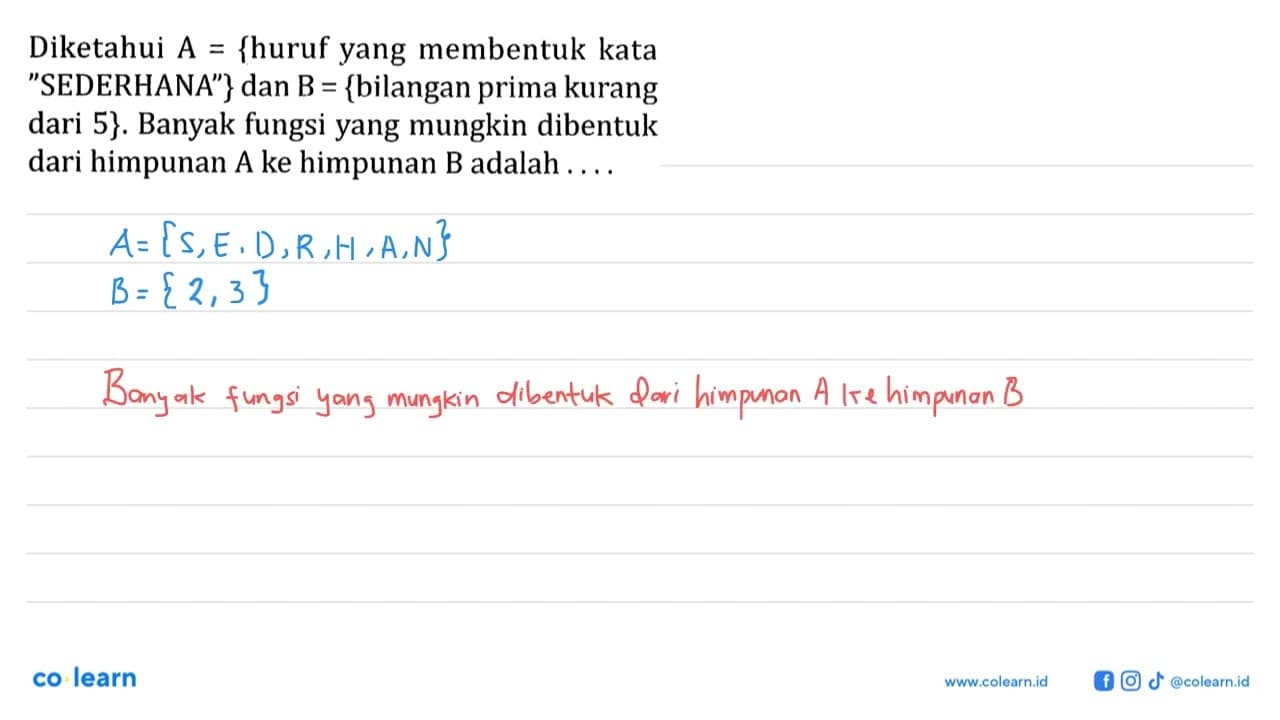 Diketahui A= {huruf yang membentuk kata 'SEDERHANA'} dan B