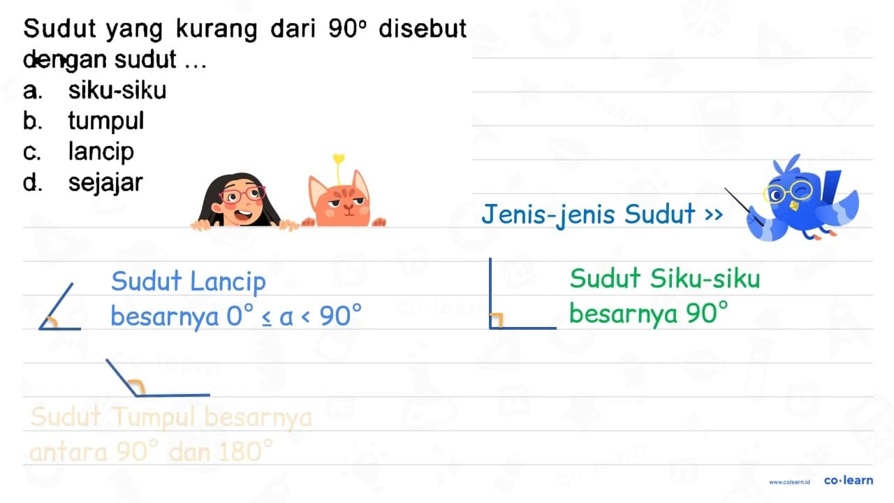 Sudut yang kurang dari 90 disebut dengan sudut ... a.