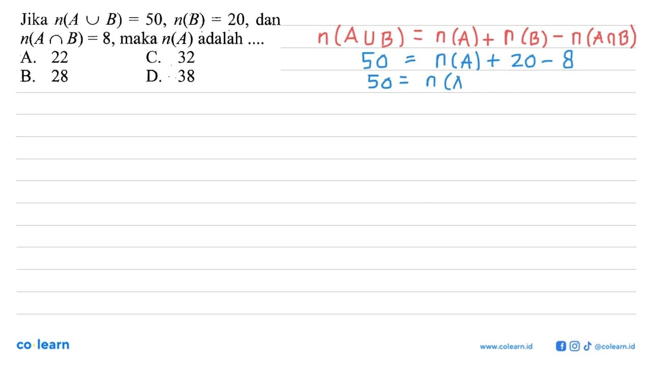 Jika n(A U B) = 50, n(B) = 20, dan n(A n B) = 8, maka n(A)