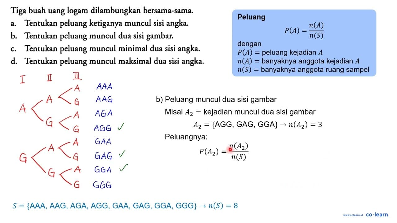 Tiga buah uang logam dilambungkan bersama-sama. a. Tentukan