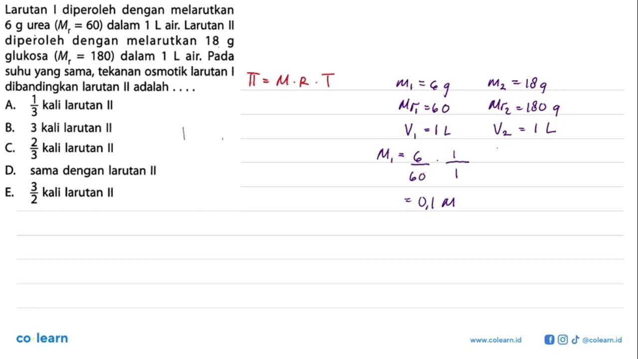 Larutan l diperoleh dengan melarutkan 6 g urea (Mr = 60)