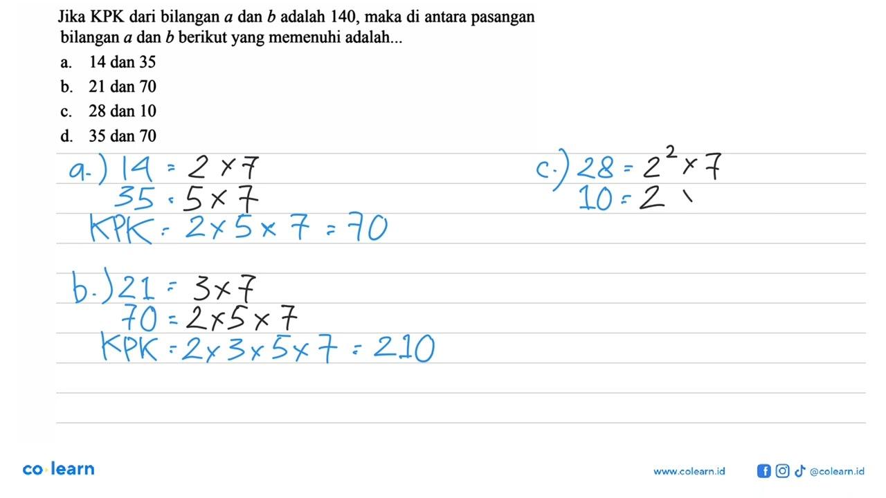 Jika KPK dari bilangan a dan b adalah 140, maka di antara