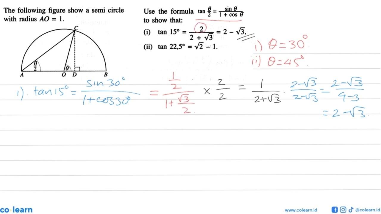 The following figure show a semi circle with radius AO=1. A