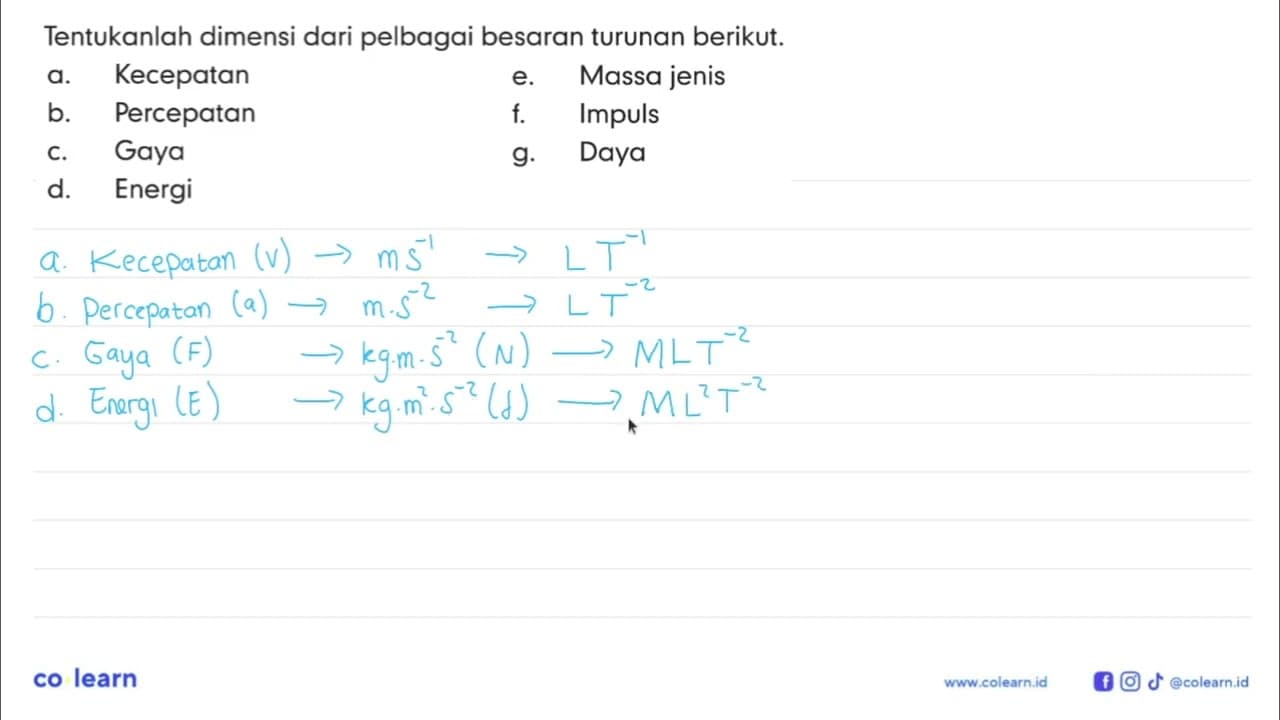 Tentukanlah dimensi dari pelbagai besaran turunan berikut.