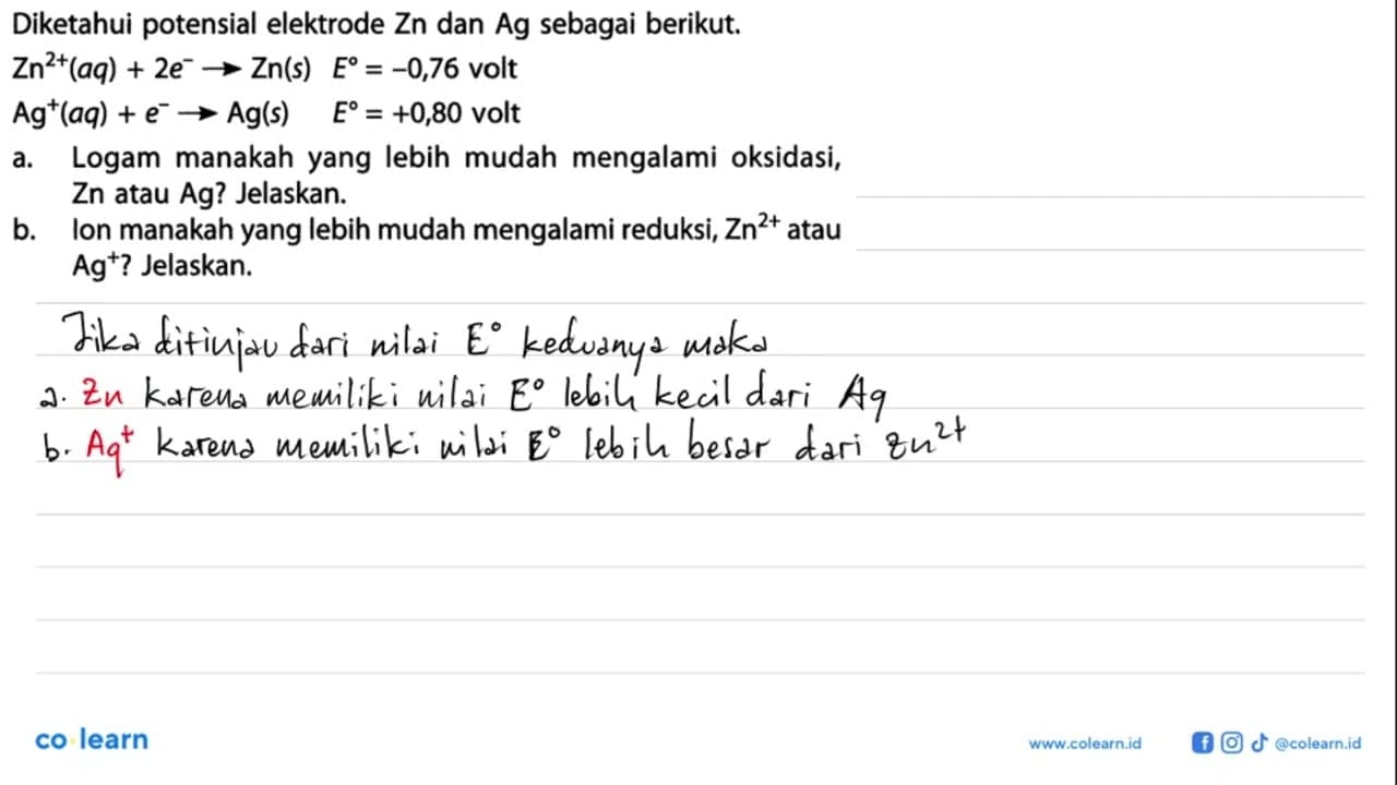 Diketahui potensial elektrode Zn dan Ag sebagai berikut.