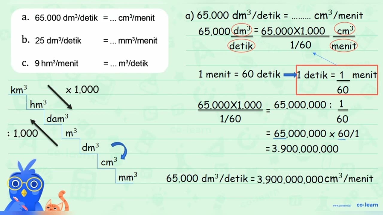 a. 65.000 dm^3 / detik = ... cm^3 / menit b. 25 dm^3 /