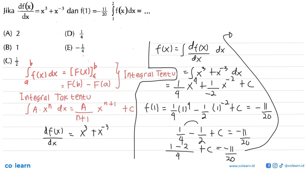 jika (df(x))/(dx)=x^3+x^(-3) dan f(1)=(-11)/20 integral 1 2