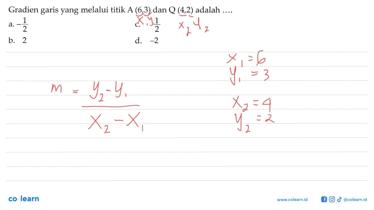 Gradien garis yang melalui titik A (6, 3) dan Q (4, 2)