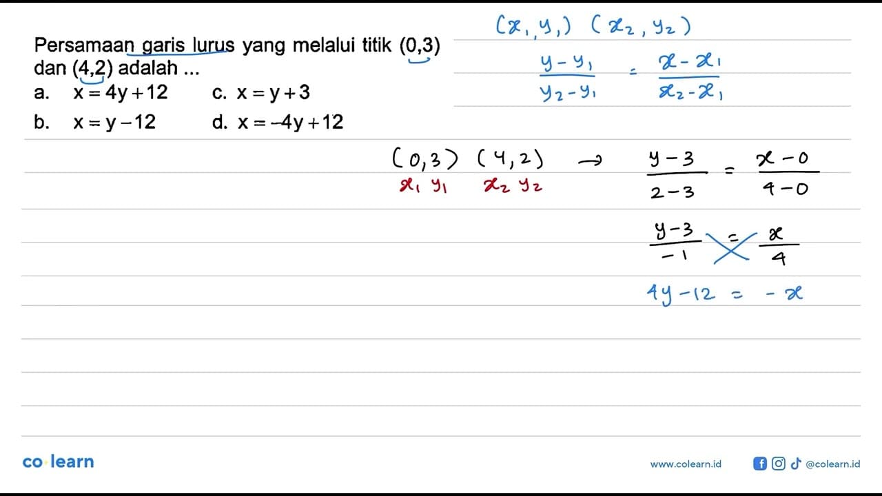 Persamaan garis lurus yang melalui titik (0,3) dan (4,2)