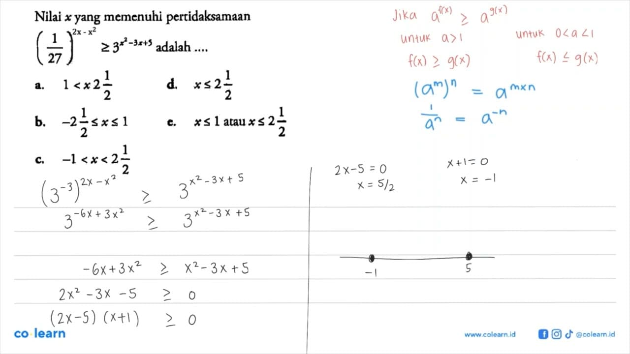 Nilai x yang memenuhi (1/27)^(2x-x^2) >= 3^(x^2-3x+5)