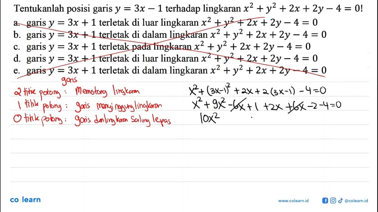 Tentukanlah posisi garis y=3x-1 terhadap lingkaran