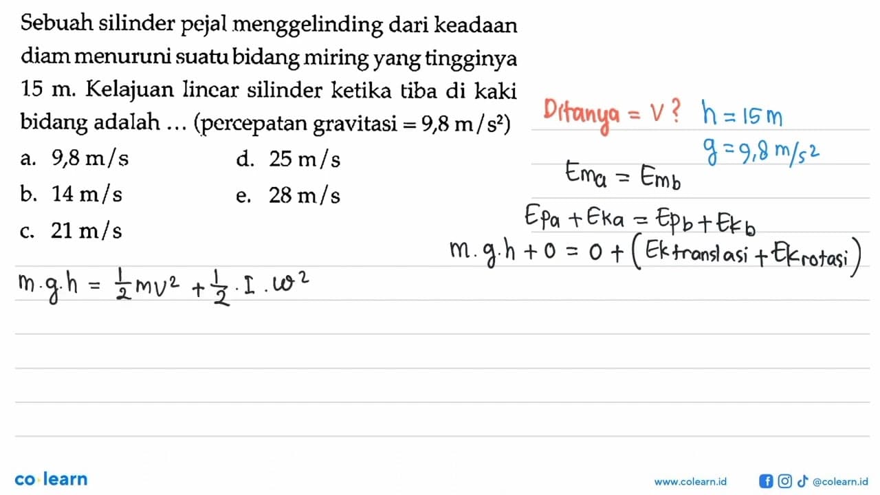 Sebuah silinder pejal menggelinding dari keadaan bidang