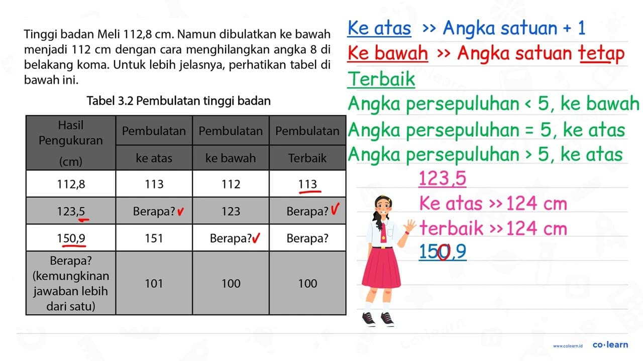 Tinggi badan Meli 112,8 cm. Namun dibulatkan ke bawah