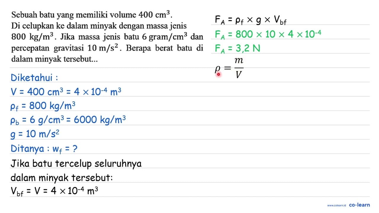 Sebuah batu yang memiliki volume 400 cm^3. Di celupkan ke