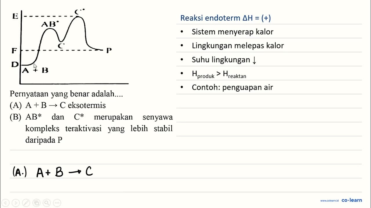 Pernyataan yang benar adalah.... (A) A+B -> C eksotermis