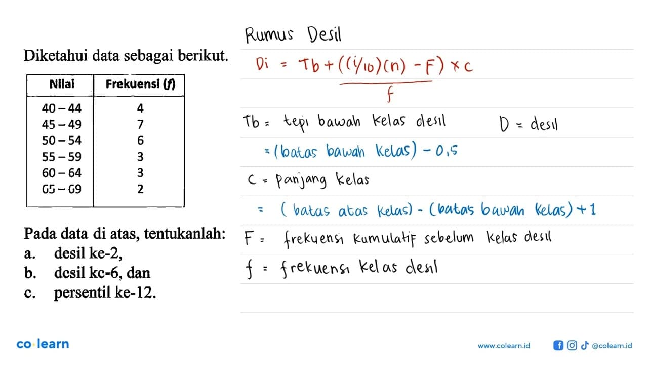 Diketahui data sebagai berikut. Nilal Frekuensi 40 - 44 4