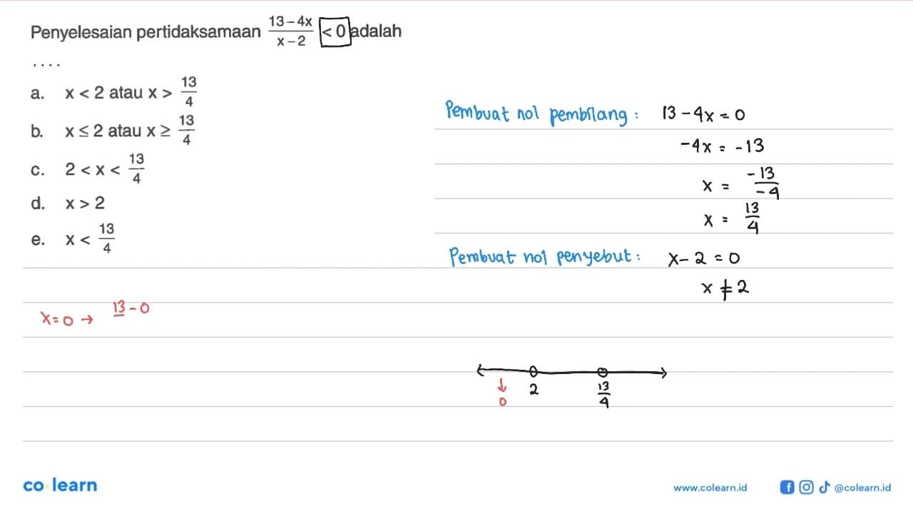 Penyelesaian pertidakamaan (13-4x)/(x-2) < 0 adalah ....