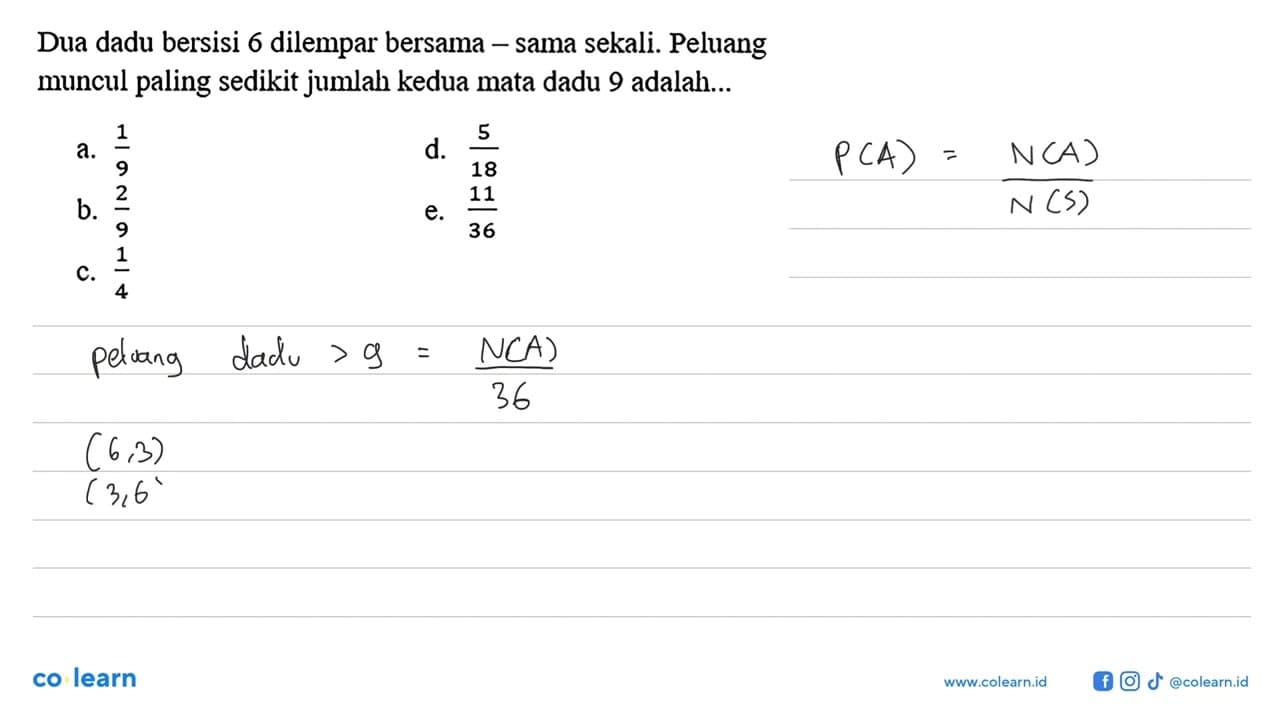 Dua dadu bersisi 6 dilempar bersama-sama sekali. Peluang