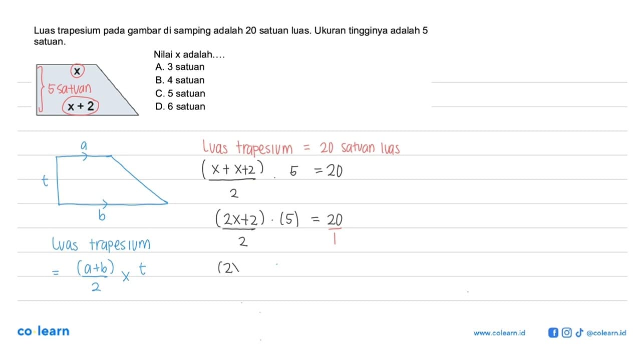 Luas trapesium pada gambar di samping adalah 20 satuan