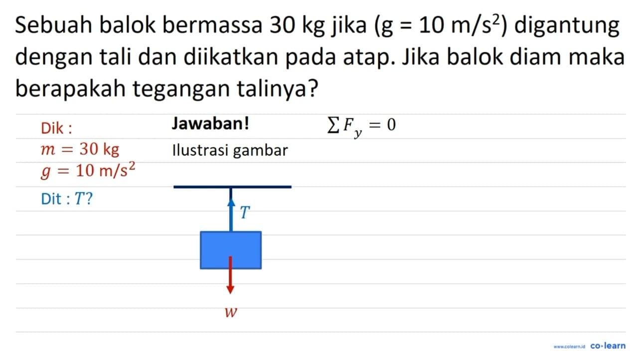 Sebuah balok bermassa 30 kg jika (g=10 m / s^(2)) digantung