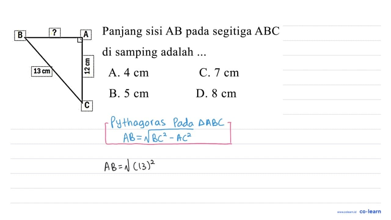 Panjang sisi AB pada segitiga ABC di samping adalah ... B ?