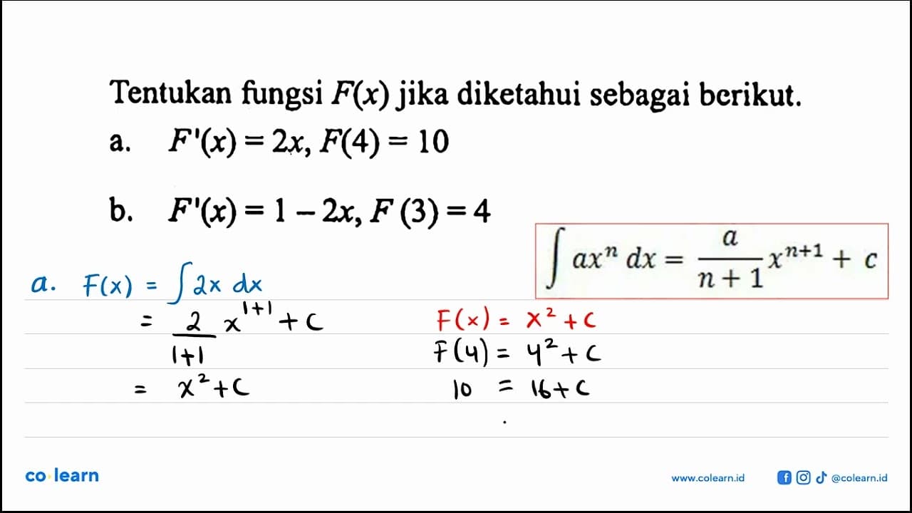 Tentukan fungsi F(x) jika diketahui sebagai berikut.a.