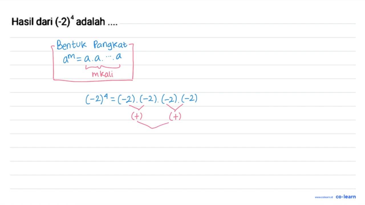 Hasil dari (-2)^(4) adalah .....