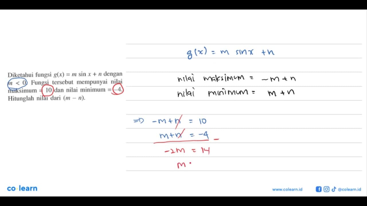 Diketahui fungsi g(x)=msin x+n dengan m<0. Fungsi tersebut