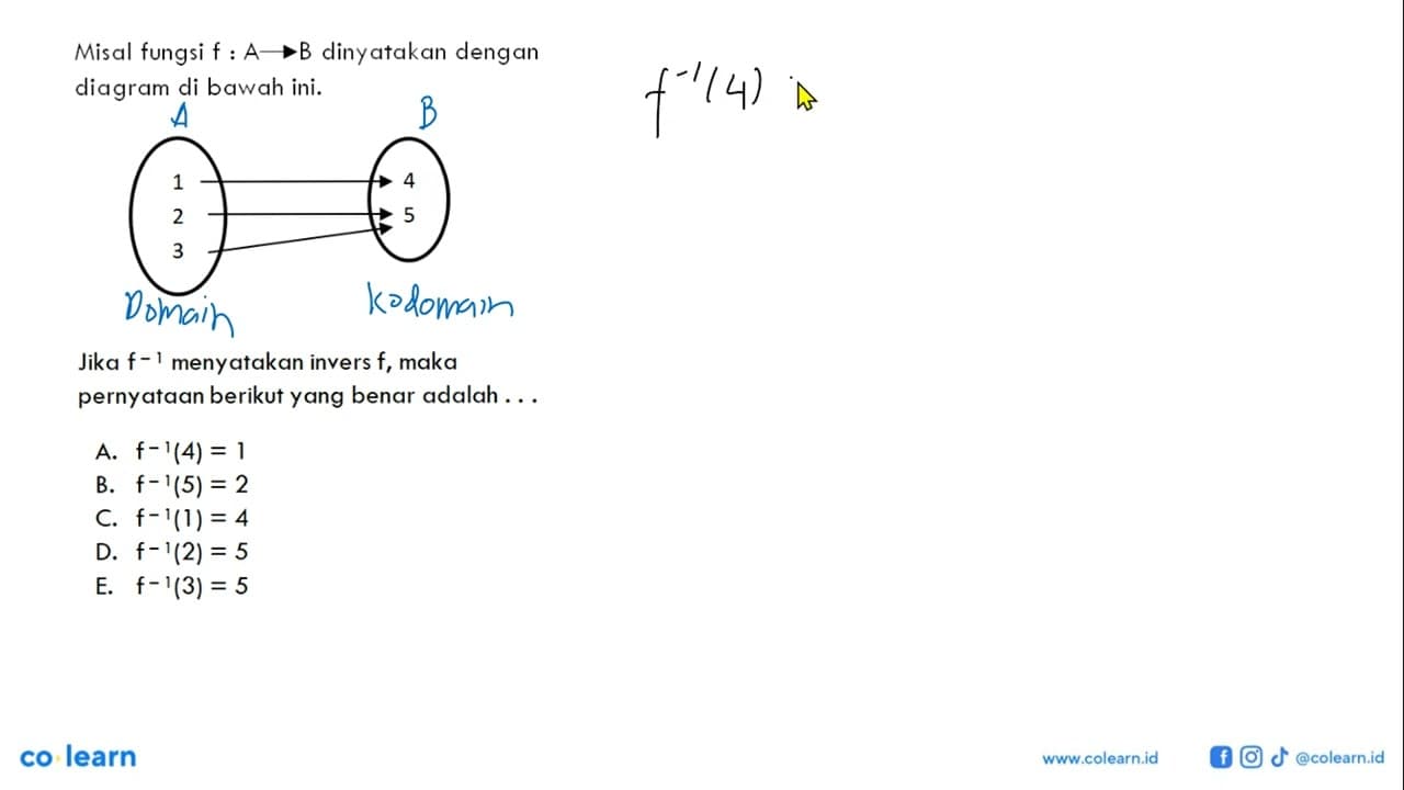 Misal fungsi f:A->B dinyatakan dengan diagram di bawah