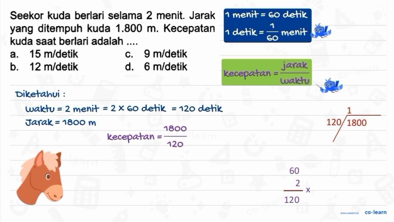 Seekor kuda berlari selama 2 menit. Jarak yang ditempuh