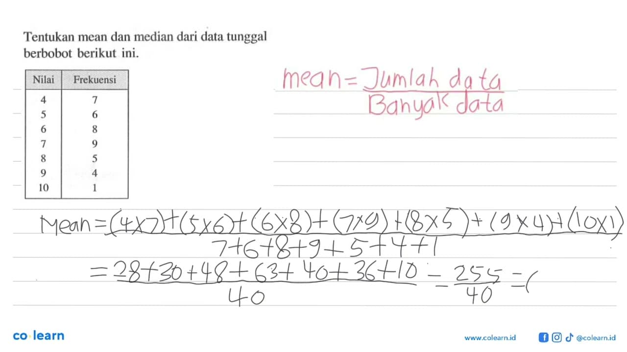 Tentukan mean dan median dari data tunggal berbobot berikut