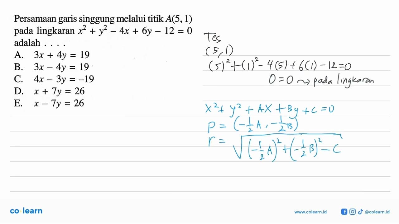 Persamaan garis singgung melalui titik A(5,1) pada