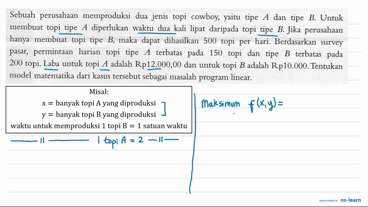 Sebuah perusahaan memproduksi dua jenis topi cowboy, yaitu