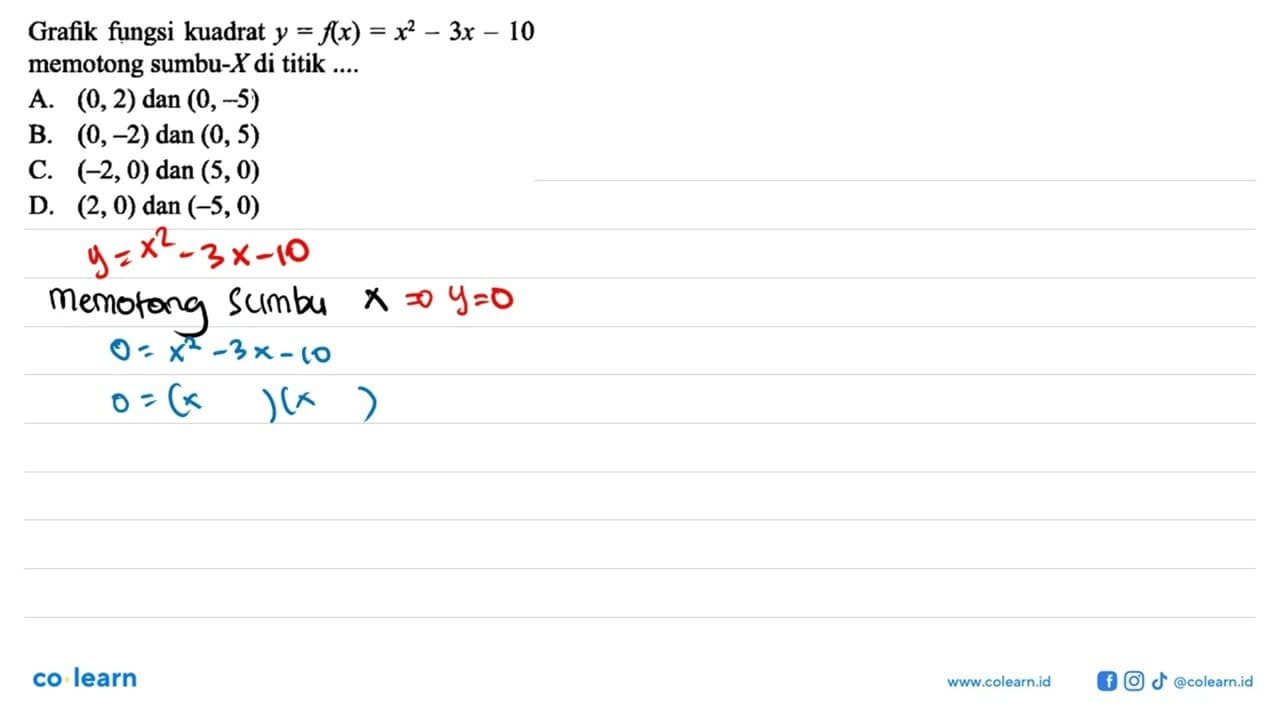 Grafik fungsi kuadrat y = f(x) = x^2 - 3x - 10 memotong