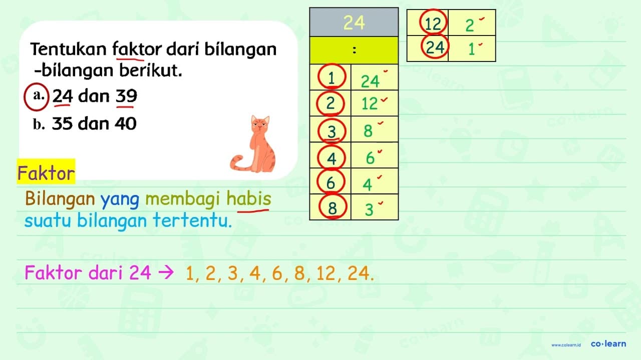 Tentukan faktor dari bílangan -bilangan berikut. a. 24 dan